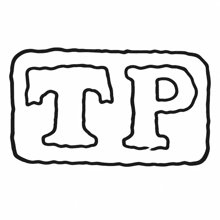 T P: The two broad letterforms, left-to-right spacing, and single rounded rectangular outline follow the source. line reconstruction.