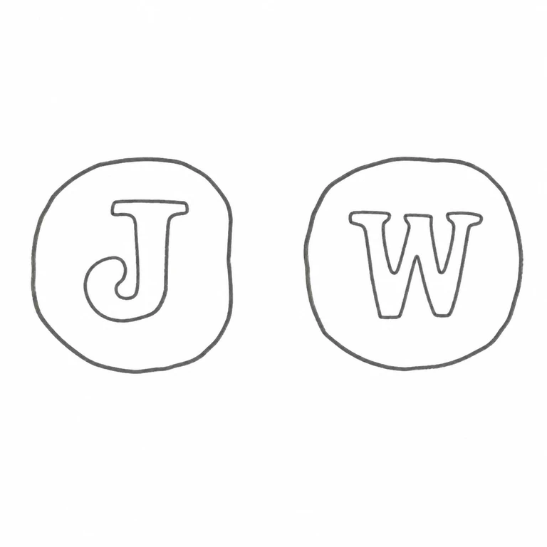 J W: The two separate circular punches remain J then W, left to right, with no joining border introduced; line reconstruction.