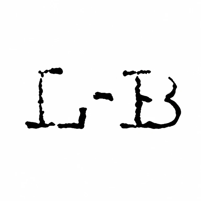Louis Blumfeld: The separated L, central dash, and B-like terminal form retain the sparse source arrangement with no surrounding border added. line reconstruction.