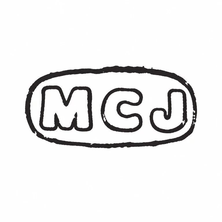 M C J: The three block initials and oval enclosing field preserve the source reading direction and compact arrangement. line reconstruction.