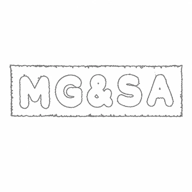Martin Gerald & Sid Adler: MG, ampersand, S, and A are reconstructed in order within the narrow rectangular cartouche; line reconstruction.