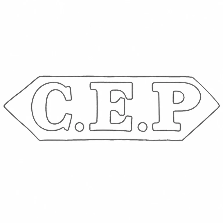 C E P: C.E.P reading, two separator points, and elongated hexagonal border are retained; line reconstruction.