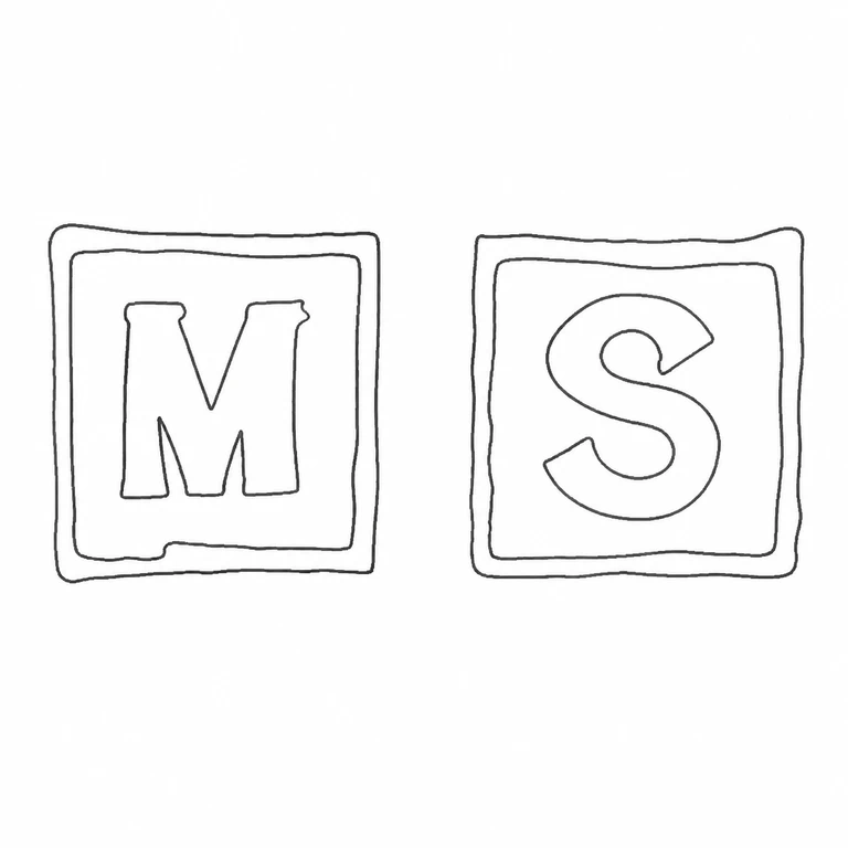 M S: Two separate square double-border punches preserve M on the left and S on the right; line reconstruction.