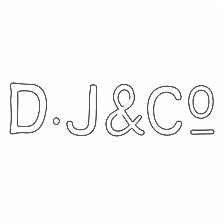 D J & Co: D.J&Co is retained left to right, including the D stop, ampersand, raised terminal o and short terminal stroke visible at far right; line reconstruction.