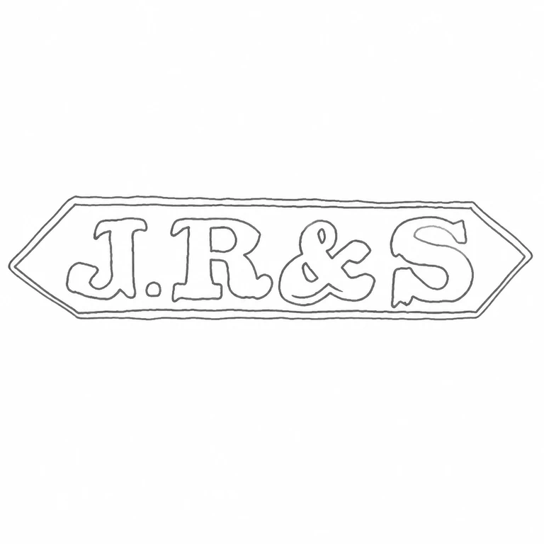 J R & S: J.R.&S reads left to right inside the elongated pointed double-outline cartouche; dots and ampersand are retained; line reconstruction.