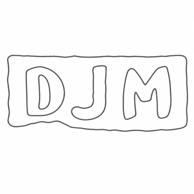 D J M: D J M lettering and one horizontal rectangular punch are retained in the source sequence; line reconstruction.