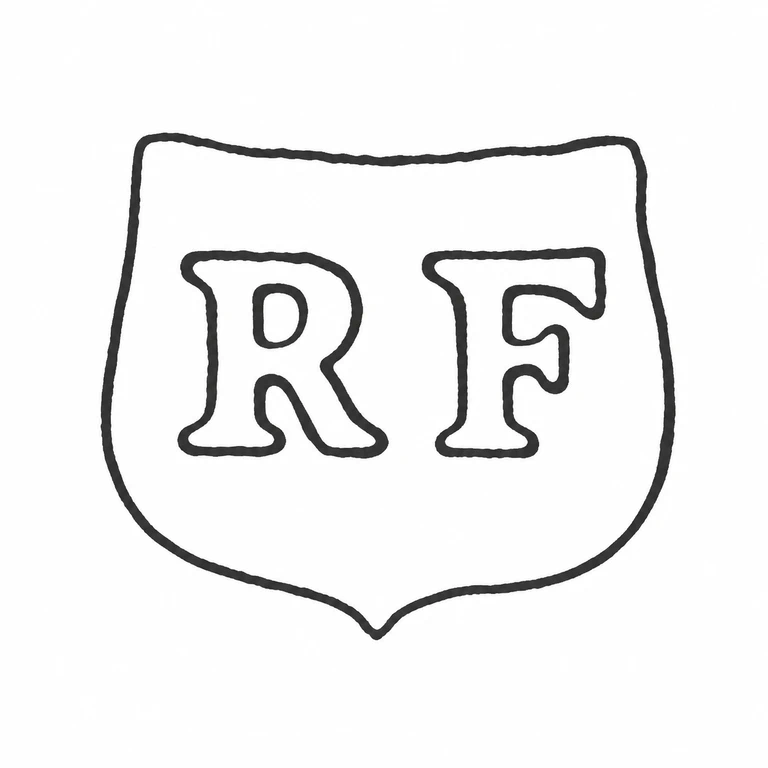 Mark reading The two glyphs and shield-like cartouche with its pointed lower center and broad upper edge follow the source geometry; line reconstruction
