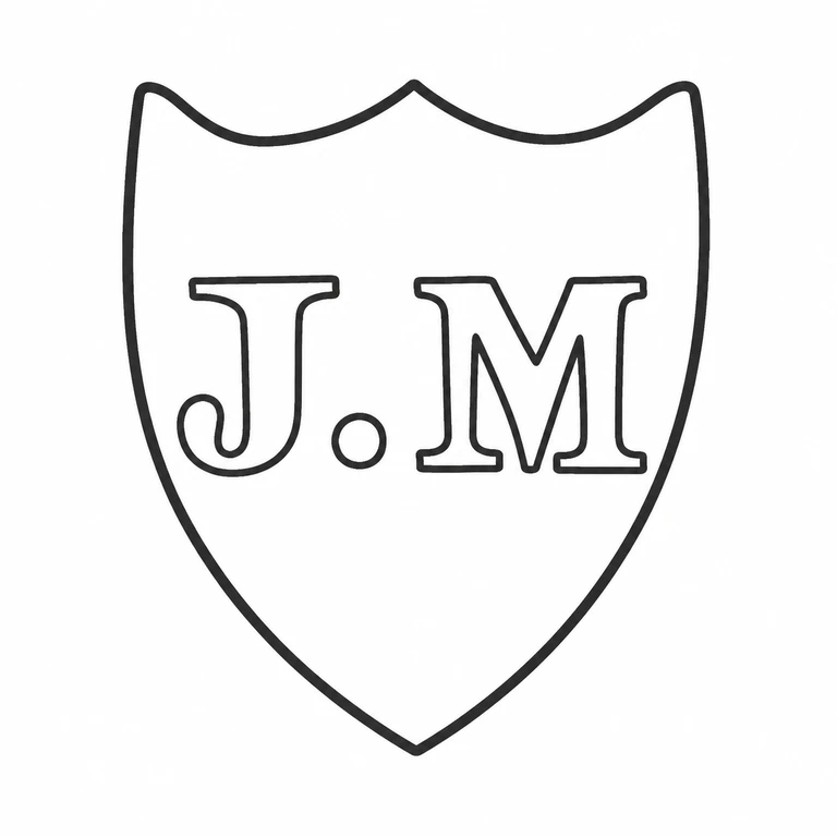 John Manger: Shield, paired initials, and central stop reproduce the source arrangement without texture or relief. line reconstruction.