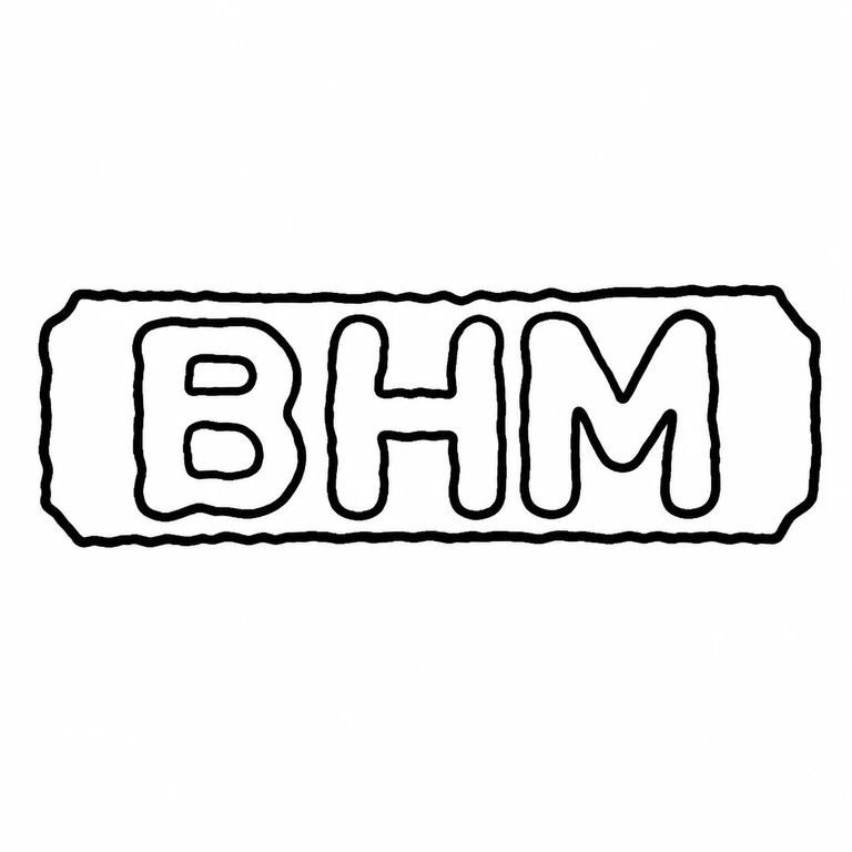 B H M: The drawing preserves the single horizontal bordered panel and its three left-to-right letters, simplifying only irregular photographic edge texture. line reconstruction.