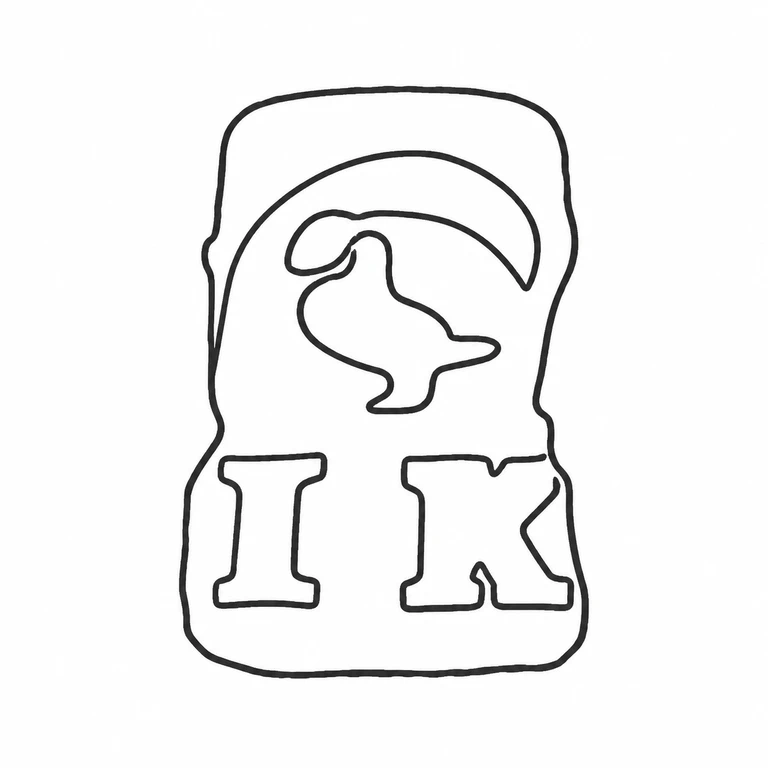 Jeremiah King: Upper bird-like device, enclosing outline, and lower paired initials are retained in their vertical source arrangement. line reconstruction.