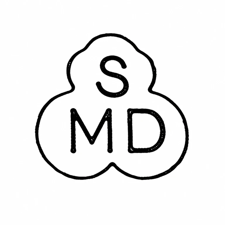 S M D Castings: The three-lobed form, top S, and lower M and D preserve the source's vertical triangular arrangement. line reconstruction.