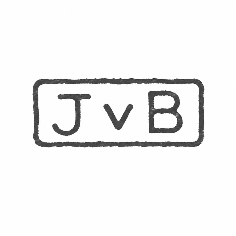 John Neil van Bogerijen: A horizontal rectangular punch with three source-visible initial forms is retained, including the smaller central form between larger outer initials. line reconstruction.