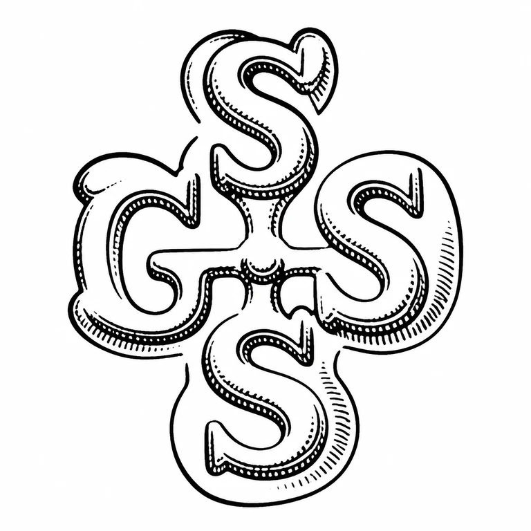 George Smith: The cruciform arrangement of four overlapping curved letterforms is retained with the same upright orientation. line reconstruction.