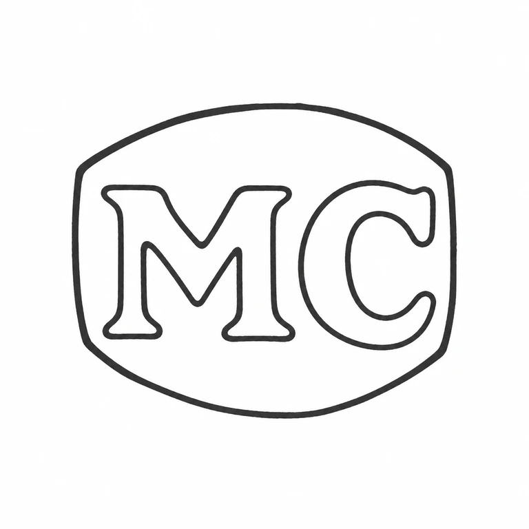 M C: The two initials and their enclosing high-shouldered rounded cartouche are retained in the source orientation. line reconstruction.