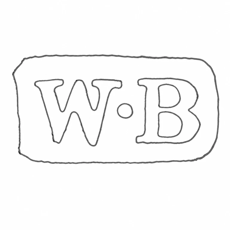 W B: W.B and its central stop retain their source order in the single long, clipped-corner punch; line reconstruction.