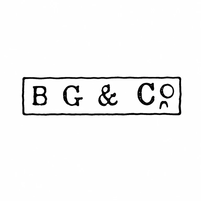 Britton, Gould & Co: The horizontal plaque and left-to-right B, G, ampersand, C, and small final o form are retained without added surface detail. line reconstruction.