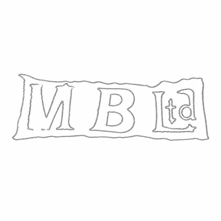 M B Ltd: The long irregular rectangular punch and its left-to-right sequence of tall initial, central initial, and compact terminal abbreviation are retained, including the small raised middle stroke in the terminal group. line reconstruction.