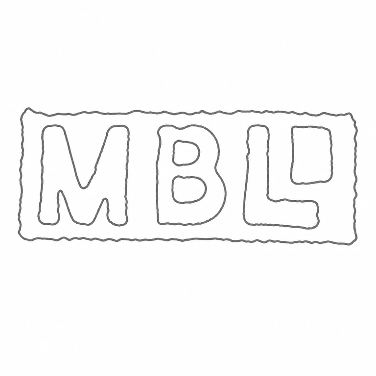 The Mint Birmingham Ltd: A horizontal rectangular cartouche encloses three large capital forms in the same left-to-right order as the source. The visible rectangular border, letter counters, and broad block arrangement are retained while photographic corrosion is omitted. line reconstruction.