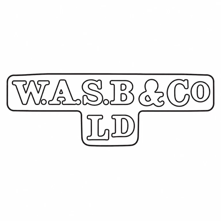 W A S Benson & Co Ltd: Long upper plaque with a centered lower tab is preserved, as are the upper run of letters and symbols, the periods, and the two lower letters. line reconstruction.