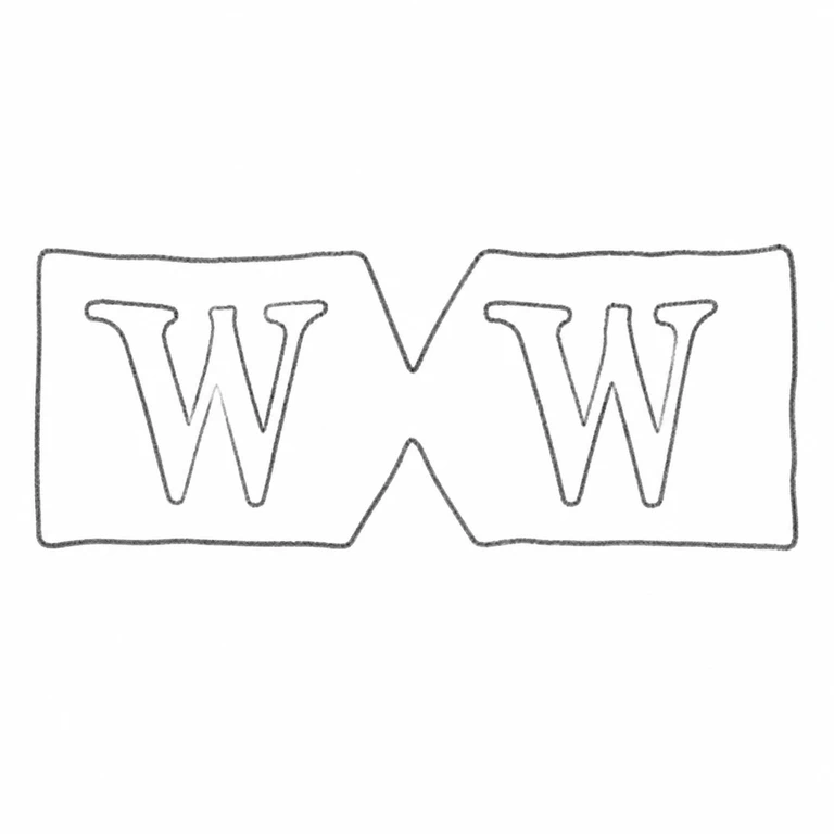 W W: The paired W marks retain left-to-right order linked double-field outline with opposing central notches; line reconstruction.