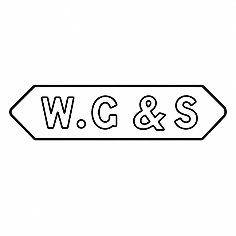 William Greenwood & Sons: The left-to-right W, C, ampersand, and S are retained within the elongated angular cartouche; the drawing omits only photographic relief and wear. line reconstruction.