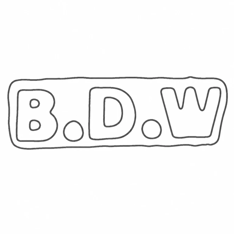 Bernard Dinwoody Wilmot: Horizontal B.D.W mark retains the three letters, two separators, and enclosing rounded cartouche in source reading direction; line reconstruction.