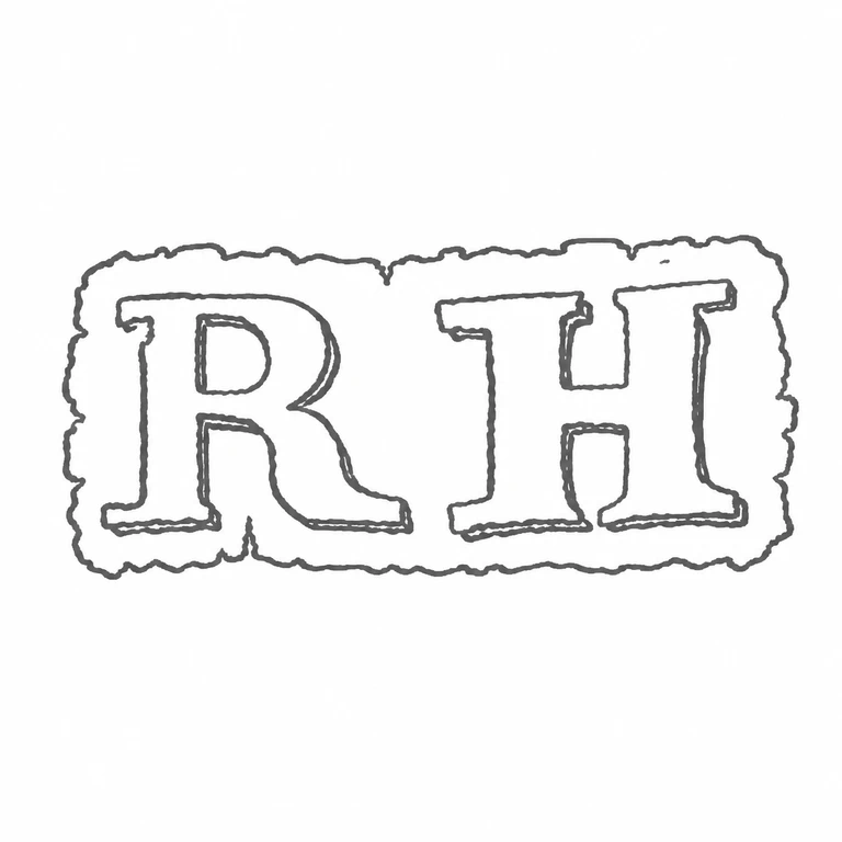 R H: The R and H capitals and their single irregular rectangular cartouche without mirrored reading or added symbols; line reconstruction.