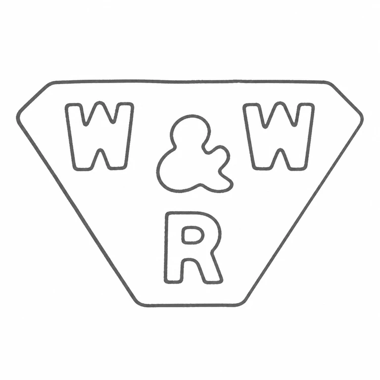 W & W R: Trapezoidal border with W ampersand W above R preserves the source’s stack and orientation; line reconstruction.