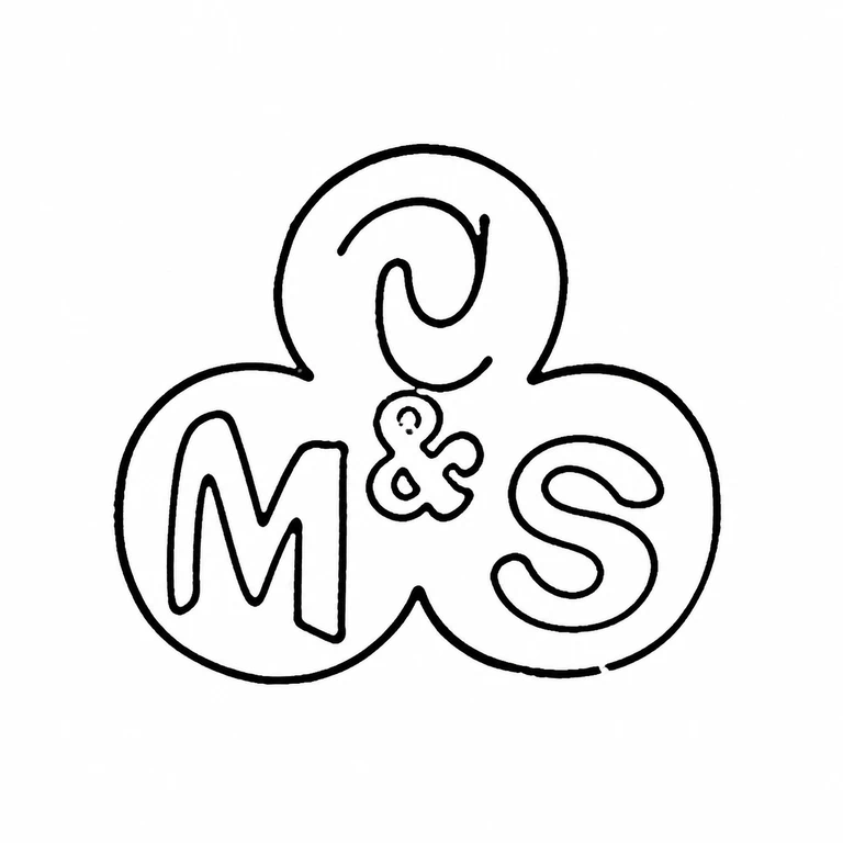 J M & S: Three interlocking round compartments retain the left and right letters, central ampersand, and upper form. line reconstruction.