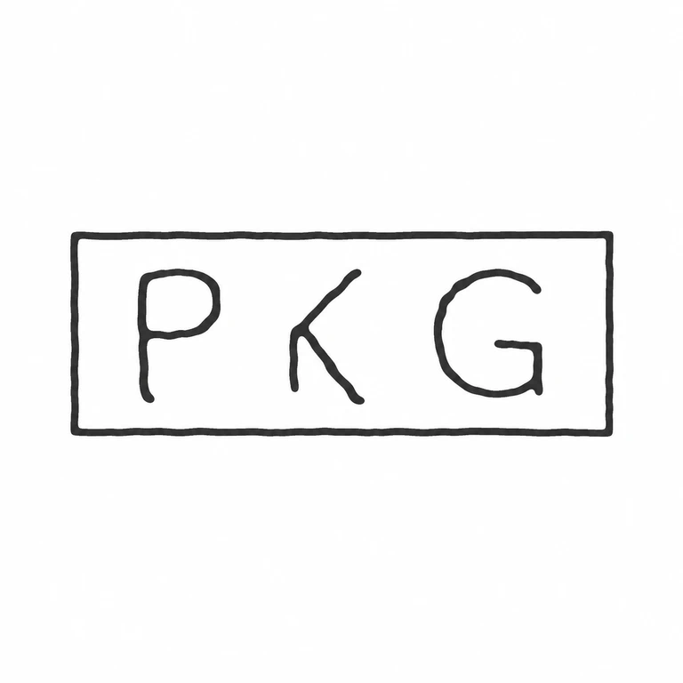 P K G: The rectangular cartouche and three left-to-right letter forms preserve their visible spacing and direction. line reconstruction.