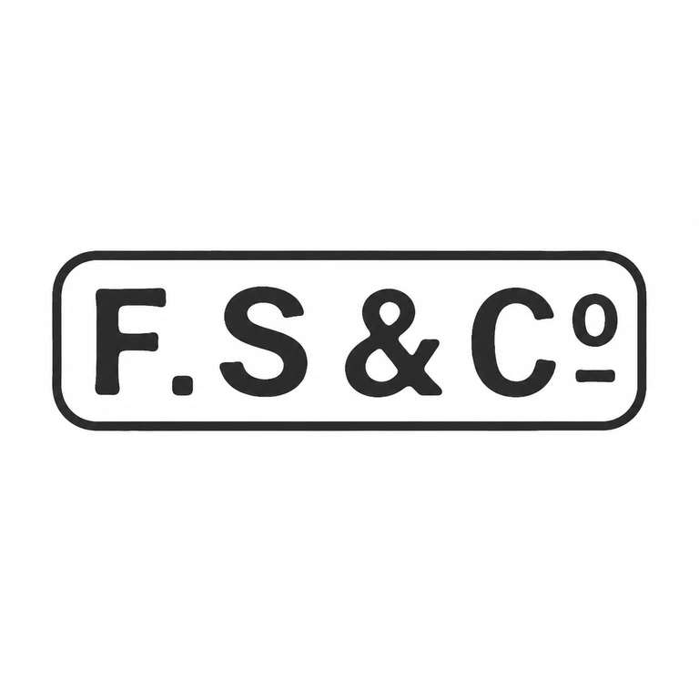 F S & Co: Long rounded rectangle, separated initials, punctuation, ampersand, and terminal abbreviation retain the photographed left-to-right reading sequence. line reconstruction.