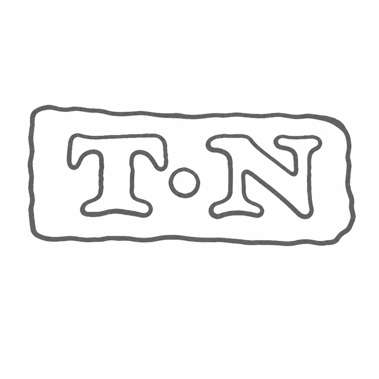Thomas Northcote: The T, central dot, and N are retained in the observed sequence inside the broad rounded cartouche; line reconstruction.