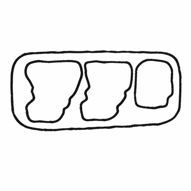 Frankfeld Frères (Louis Frankfeld): Three adjacent visible character silhouettes and their single enclosing rounded cartouche are conservatively retained without adding unreadable interior detail. line reconstruction.