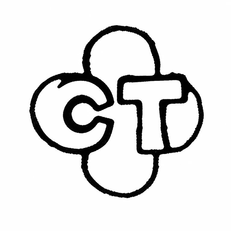 Mark reading The clover-like four-lobed surround left-to-right C and T forms without surface texture; line reconstruction