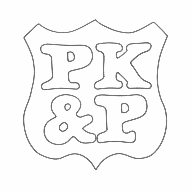 Page, Keen & Page: Four visible characters are retained in the source arrangement: P K above ampersand P, within the waisted four-lobed cartouche; line reconstruction.