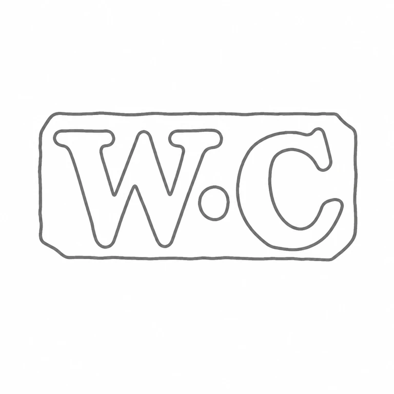 William Collins: The left letter, central stop, and right letter are preserved inside the same horizontal clipped-corner cartouche. line reconstruction.