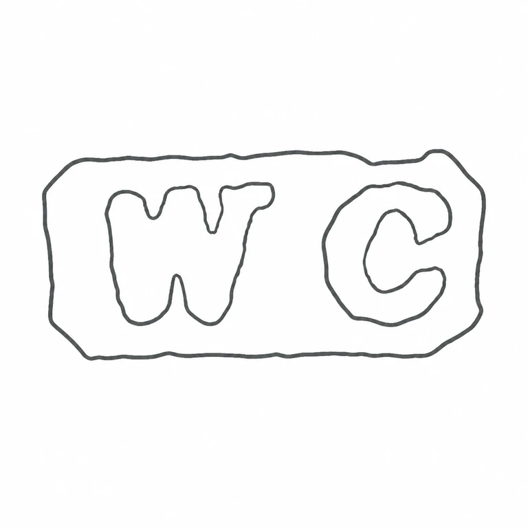 W C (unidentified): The drawing preserves the two large letterforms, horizontal reading direction, and chamfered rectangular cartouche without adding photographic texture. line reconstruction.