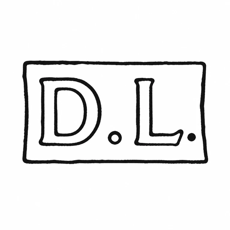 David Lawrence Silverware: The drawing preserves the rectangular border, left D, central stop, right L, and terminal stop in the photographed order. line reconstruction.