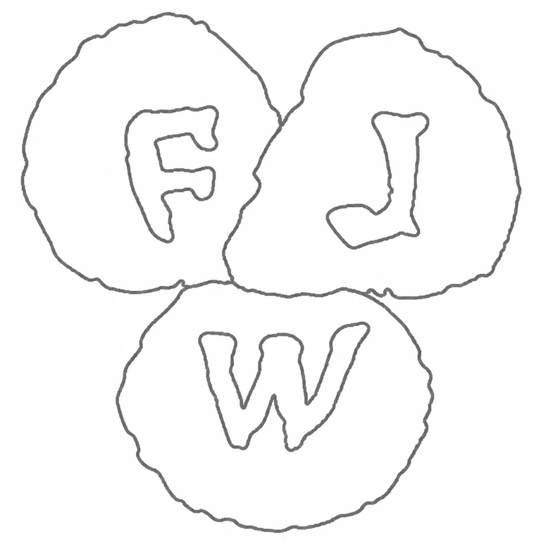 Frederick James Wiltshire: The three touching round cartouches and their three visible internal letters are retained in the same triangular arrangement. line reconstruction.