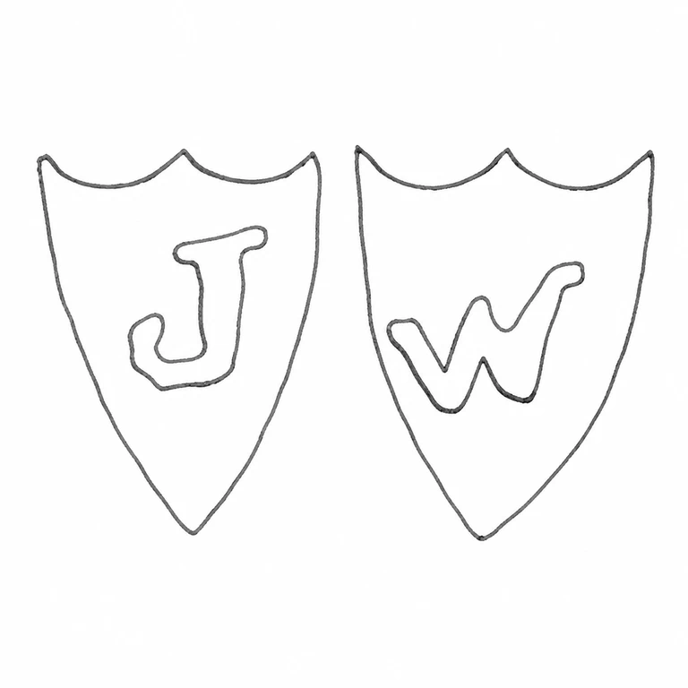 J Wiseman: Two separate shield-shaped punches, J then W, with their visible pointed bases; line reconstruction.