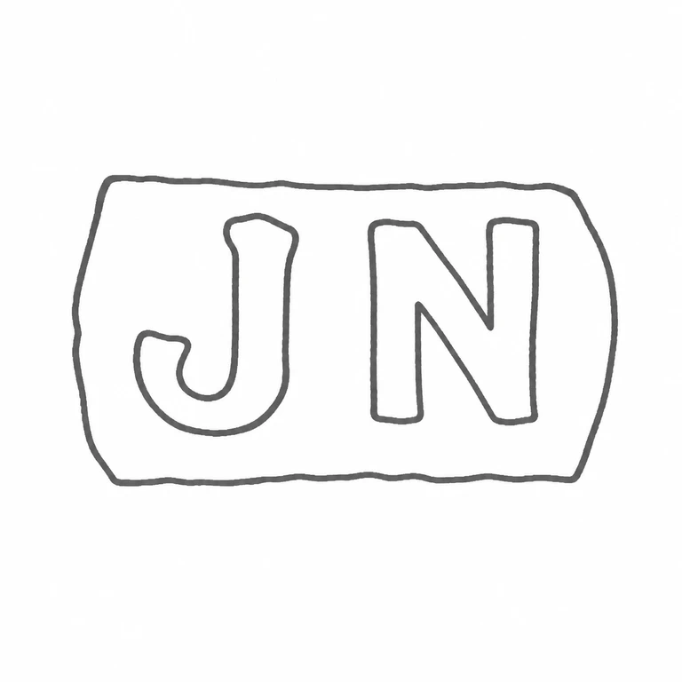 J N: Two clear upright initials in a horizontal rounded rectangular punch are retained in their visible order. line reconstruction.