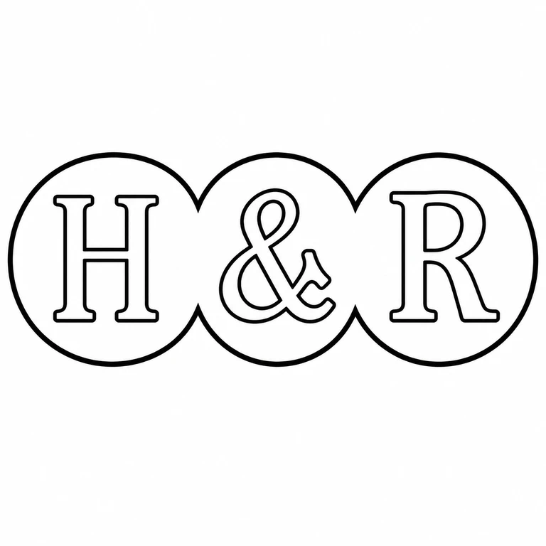 Haseler & Restall: Three joined round lobes containing H, ampersand, and R in order, including the central ampersand; line reconstruction.