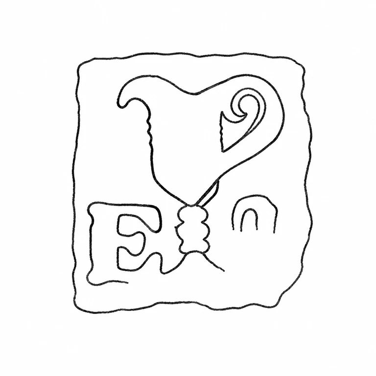 Elizabeth Tuite: Square field, upper scrolling monogram, lower initial, and central crossing element retain their visible arrangement without photographic texture. line reconstruction.