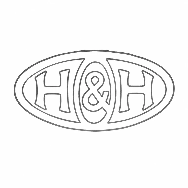 Hukin & Heath Ltd: The H, central ampersand, second H, oval surround, internal curved divisions are retained in the source-supported arrangement; line reconstruction.