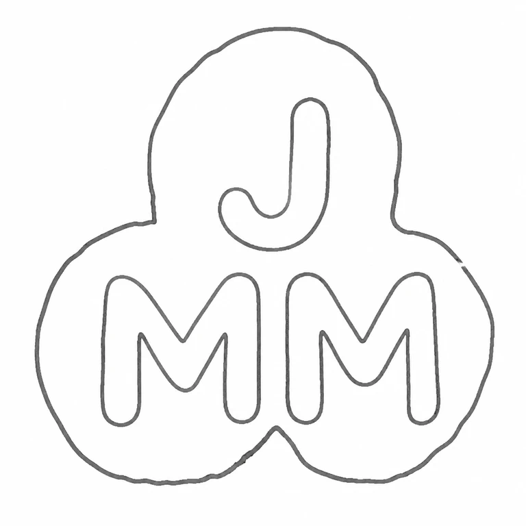 Joyce May (Joy) Myers: The lobed outline, upper J, and two lower M characters retain their source arrangement; line reconstruction.