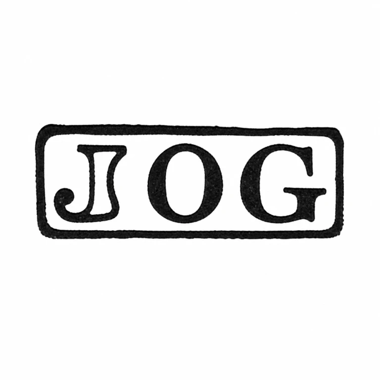 J O G: The rectangular border and three upright letterforms retain the source orientation, left-to-right order, and open/closed counters. line reconstruction.