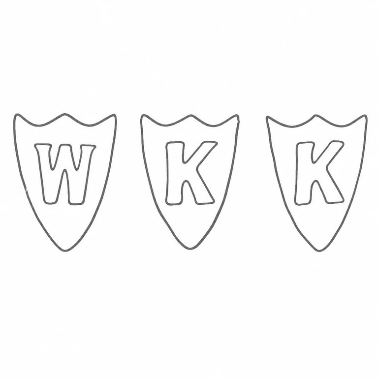 Kay & Co Ltd (William Kilbourne Kay): Three separate shield punches remain W, K, K from left to right, each with its scalloped crown and pointed base; line reconstruction.