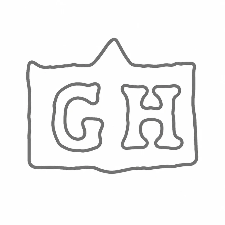 G H: The two initials and the peaked upper cartouche contour are retained upright and left-to-right. line reconstruction.