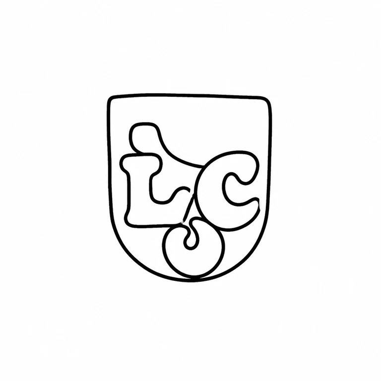 Lawrence Coles: The overlapping L and C forms and shield-like enclosure preserve the visible source arrangement without photographic texture. line reconstruction.
