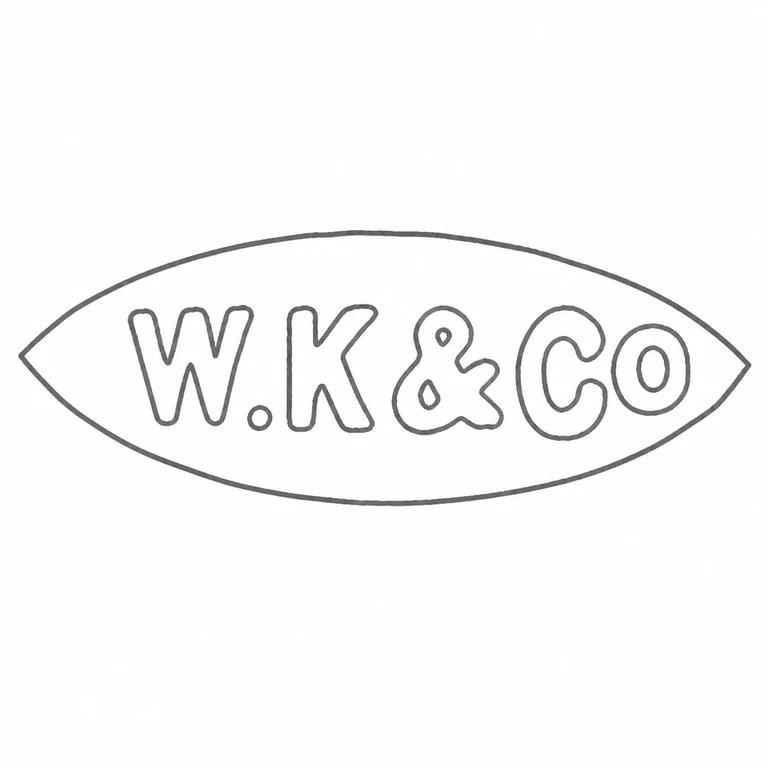 Winifred King & Co: W-dot-K-ampersand-Co lettering follows the source order within its almond-shaped surround; line reconstruction.